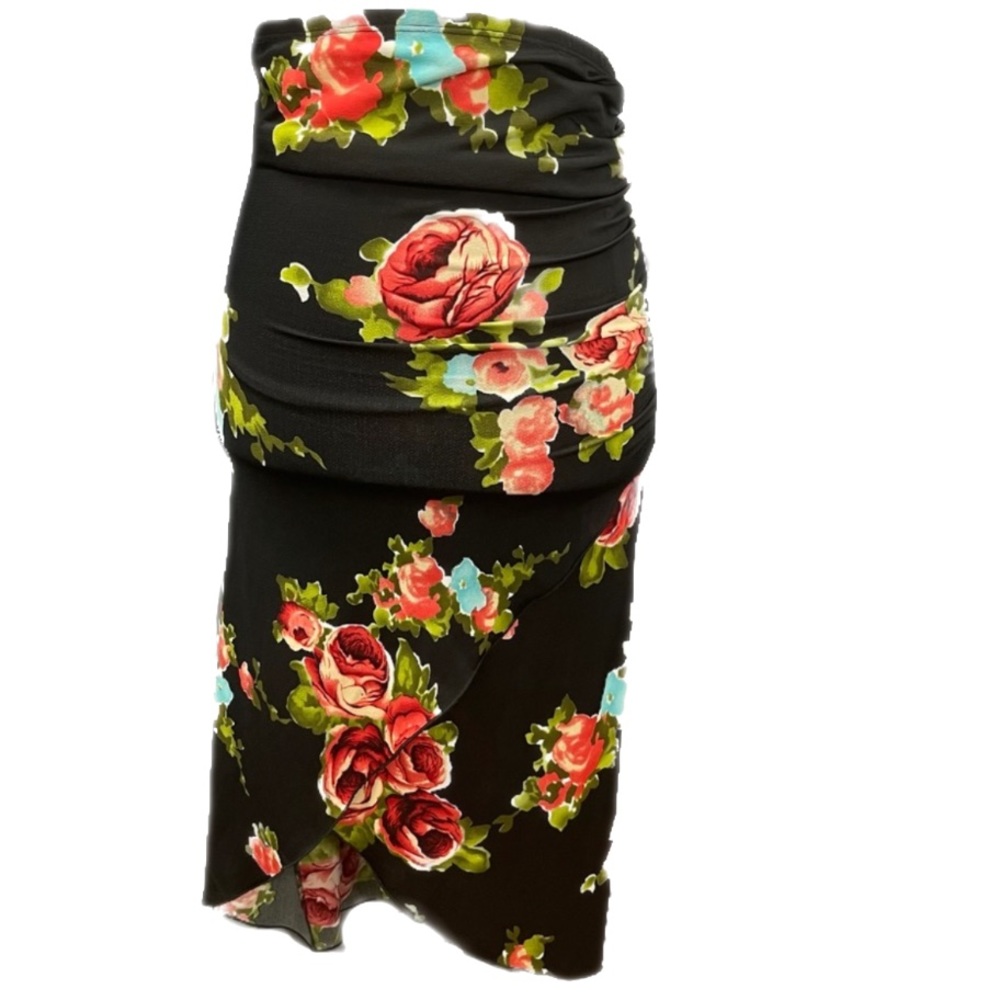 Groove- black asymmetrical red floral pattern skirt